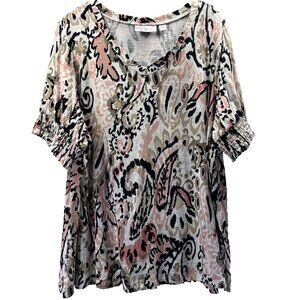 Belle by Kim Gravel Women's Top Size 1X Pink White Paisley Short Smocked Sleeves